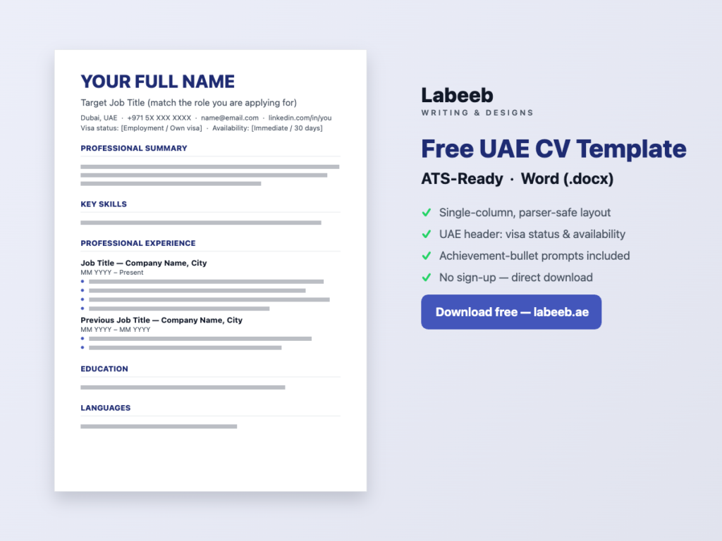 Free UAE CV template preview: ATS-ready single-column Word (.docx) layout with UAE header fields for visa status and availability, by Labeeb